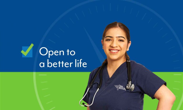 Friendly medical student inviting you to attend Pima Medical Institute's Open House