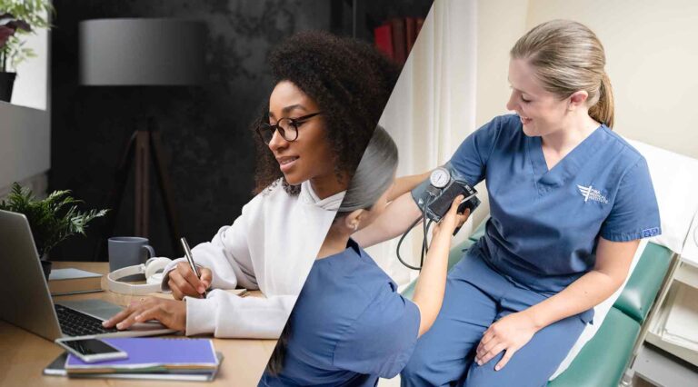 photos of student at home studying and Pima Medical medical assistant students measuring blood pressure