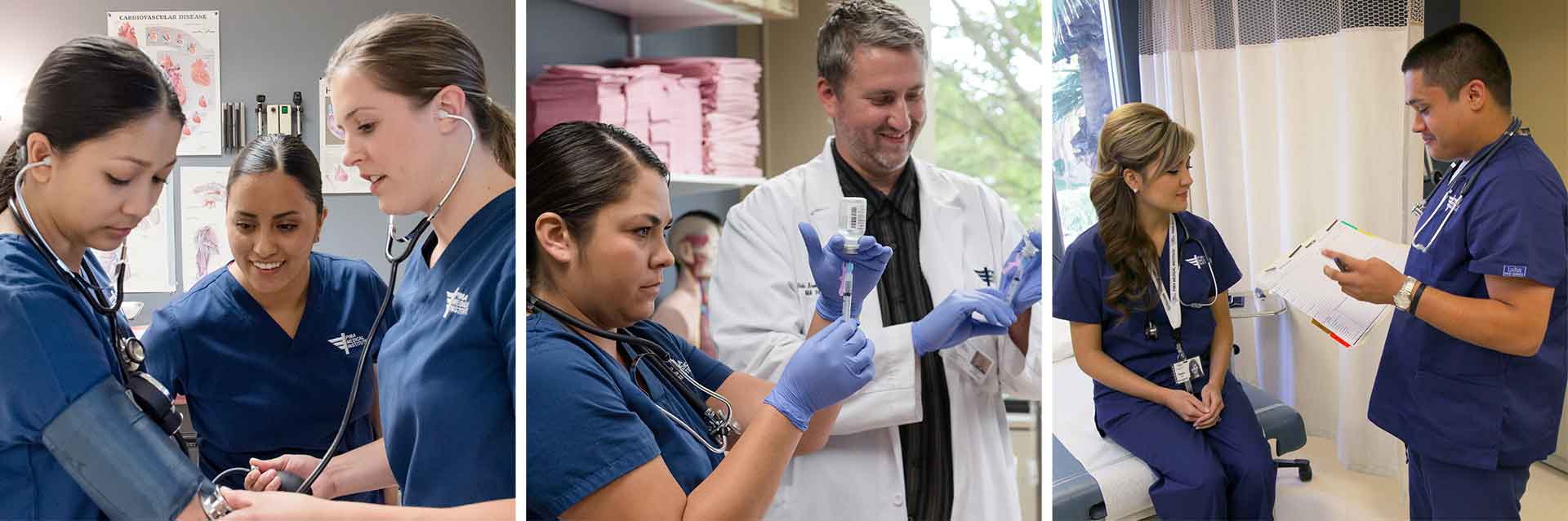 multiple photos of medical assistant students performing tasks