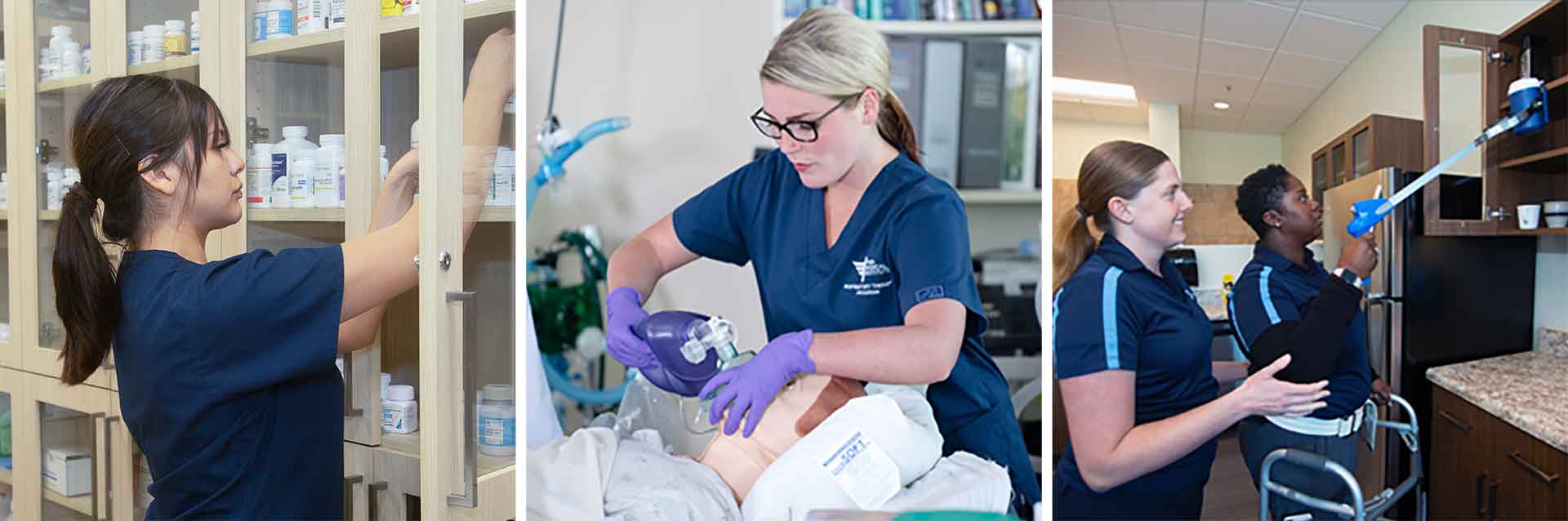 photos of students training in pharmacy technician, respiratory therapist and occupational therapist assistant careers