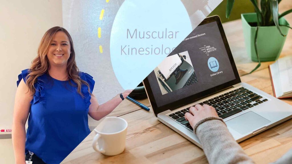 Split screen images of a Pima Medical instructor and an online student