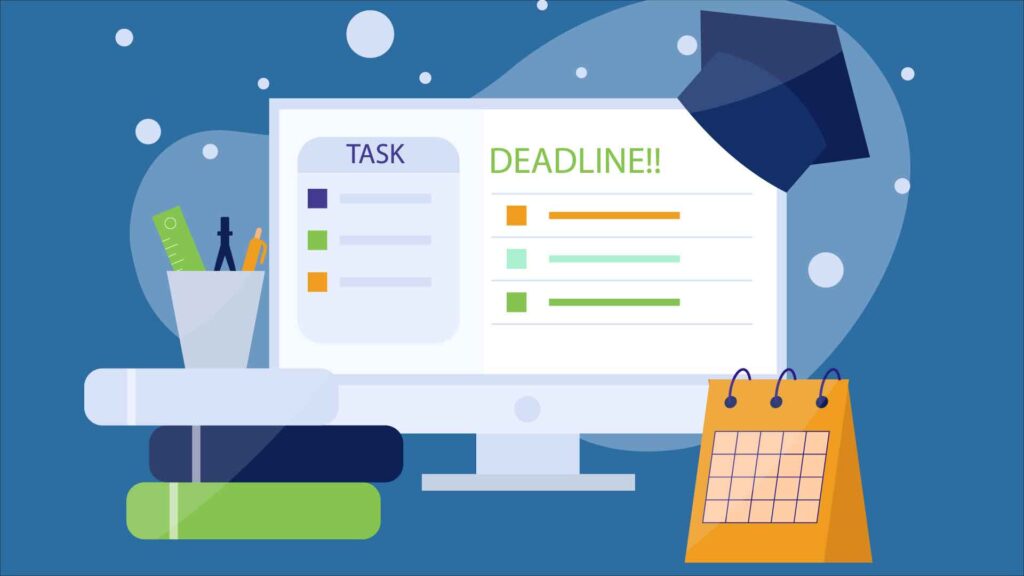 illustration of a student's desk featuring a monitor screen, books and a calendar